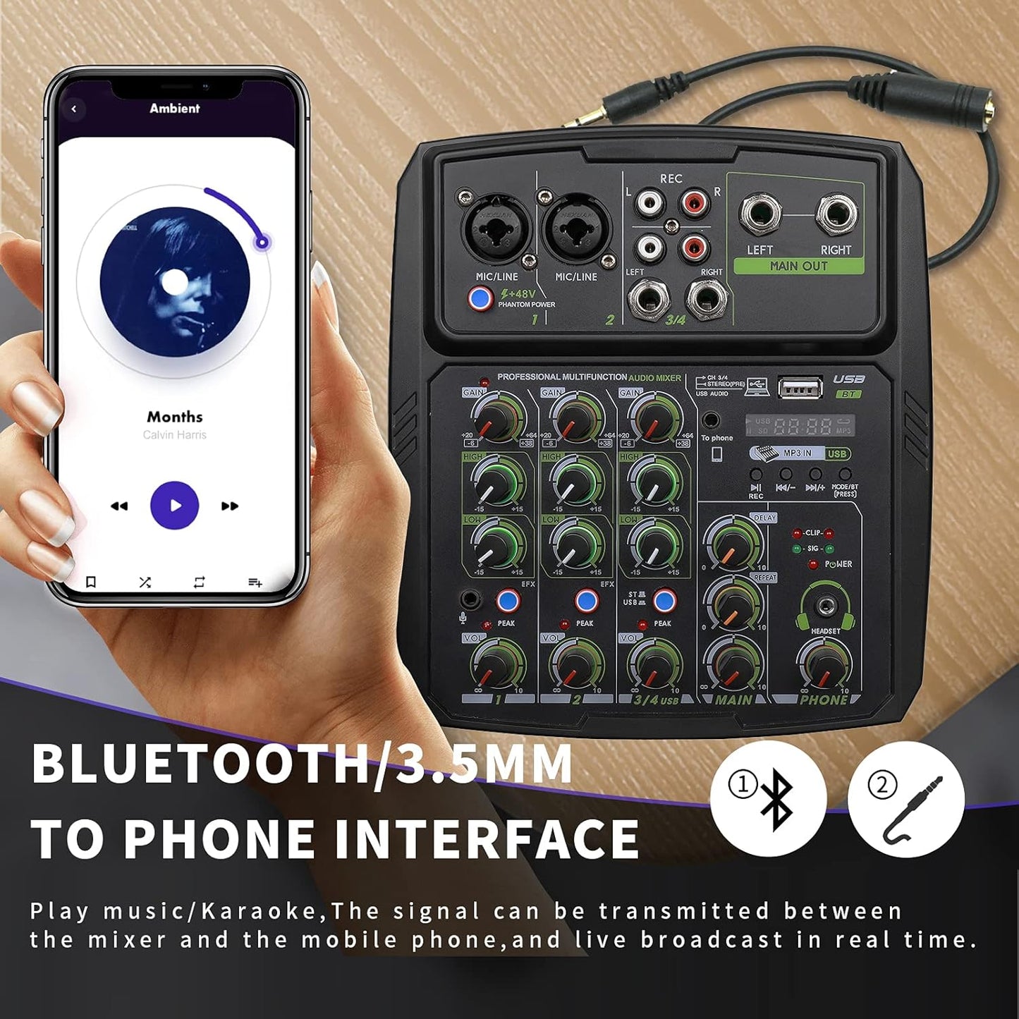 Audio Mixer Wireless Sound Board-4 Channel Digital Bluetooth USB Computer Compatible Input DJ Controller Sound Mixer 48V Phantom Power Microphone In,Headphone Jack Stereo DJ Streaming(M4)