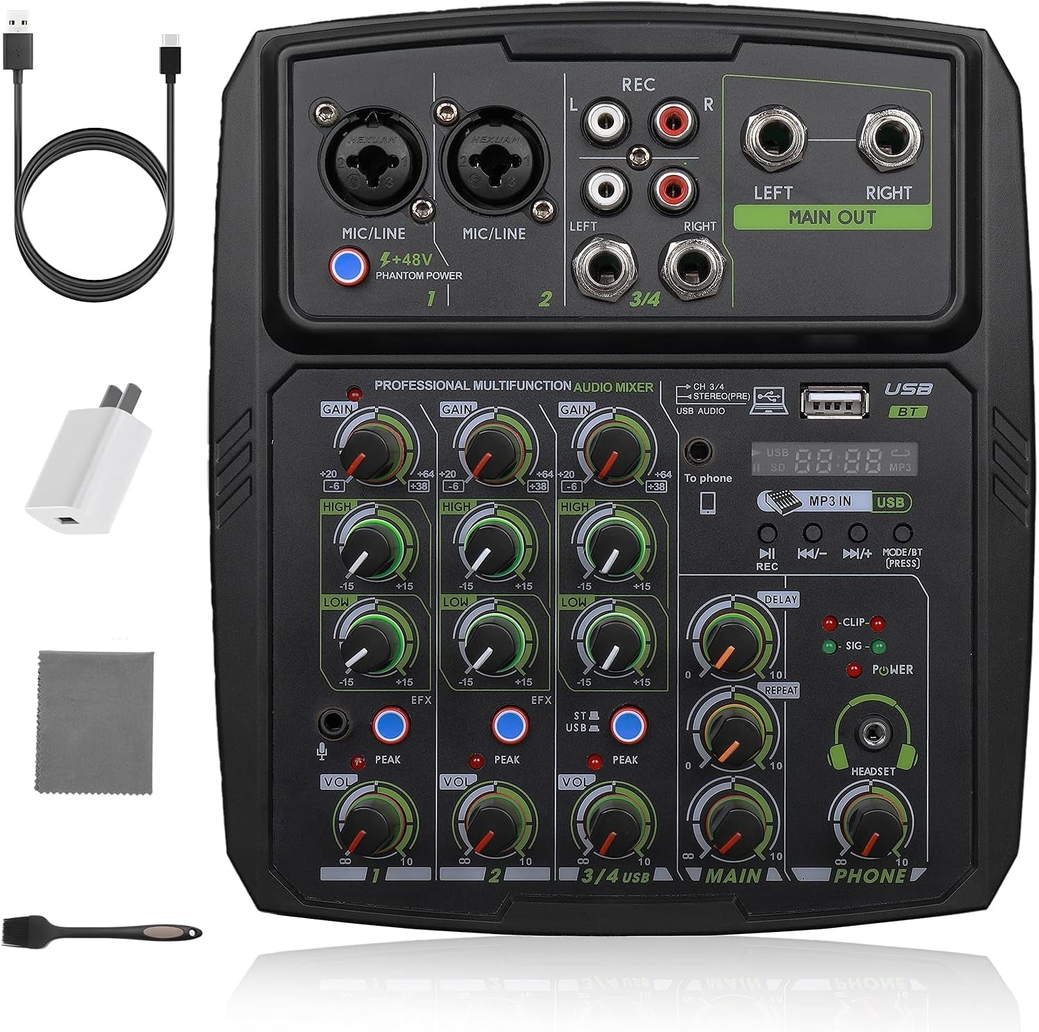 Audio Mixer Wireless Sound Board-4 Channel Digital Bluetooth USB Computer Compatible Input DJ Controller Sound Mixer 48V Phantom Power Microphone In,Headphone Jack Stereo DJ Streaming(M4)