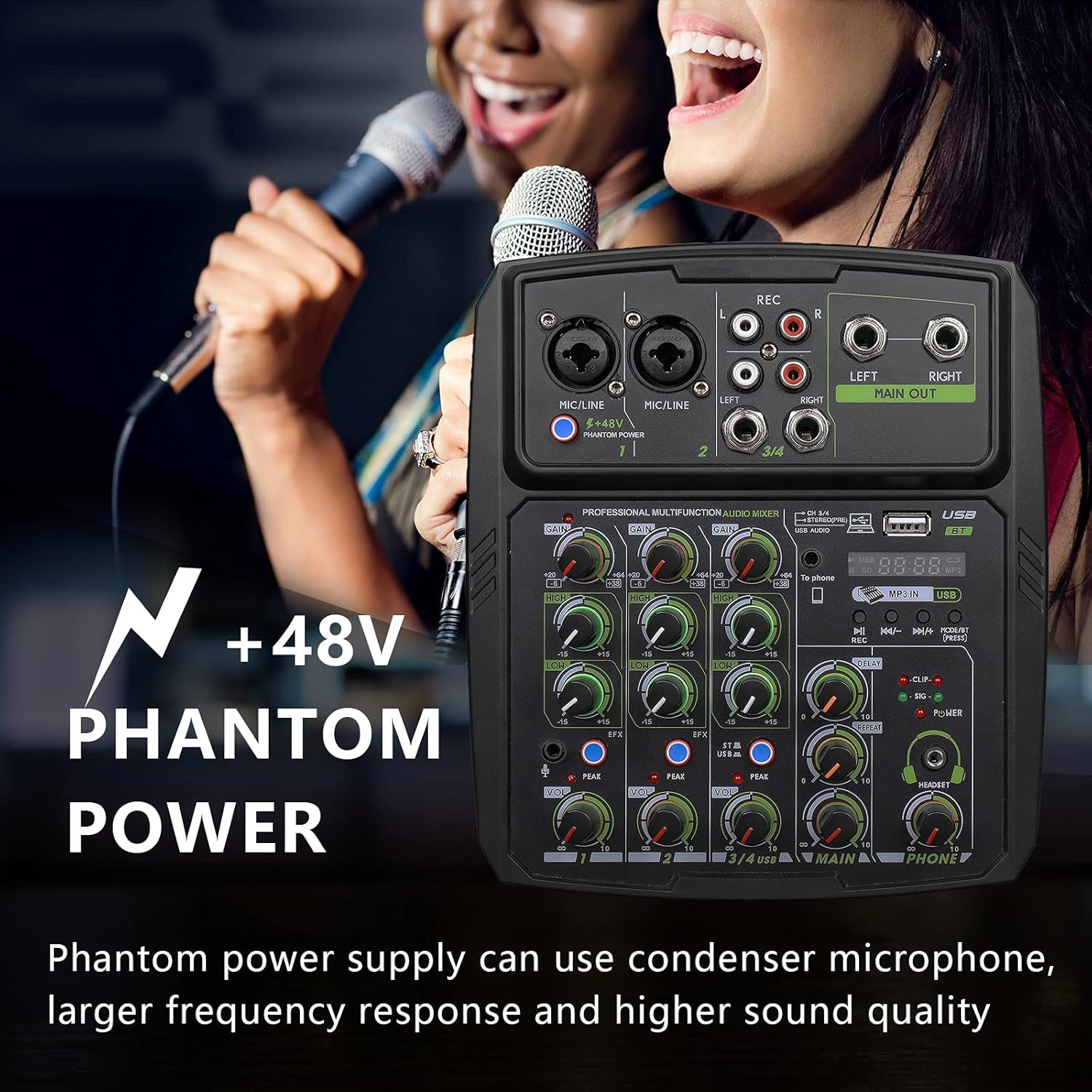 Audio Mixer Wireless Sound Board-4 Channel Digital Bluetooth USB Computer Compatible Input DJ Controller Sound Mixer 48V Phantom Power Microphone In,Headphone Jack Stereo DJ Streaming(M4)